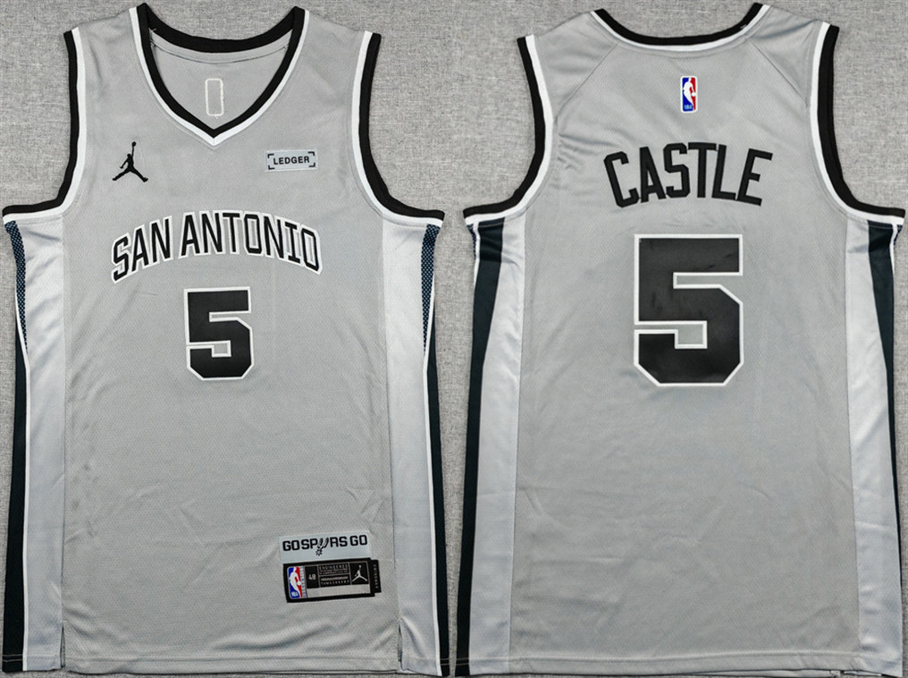 Men's San Antonio Spurs #5 Stephon Castle Silver 2025-26 Statement Edition Stitched Basketball Jersey